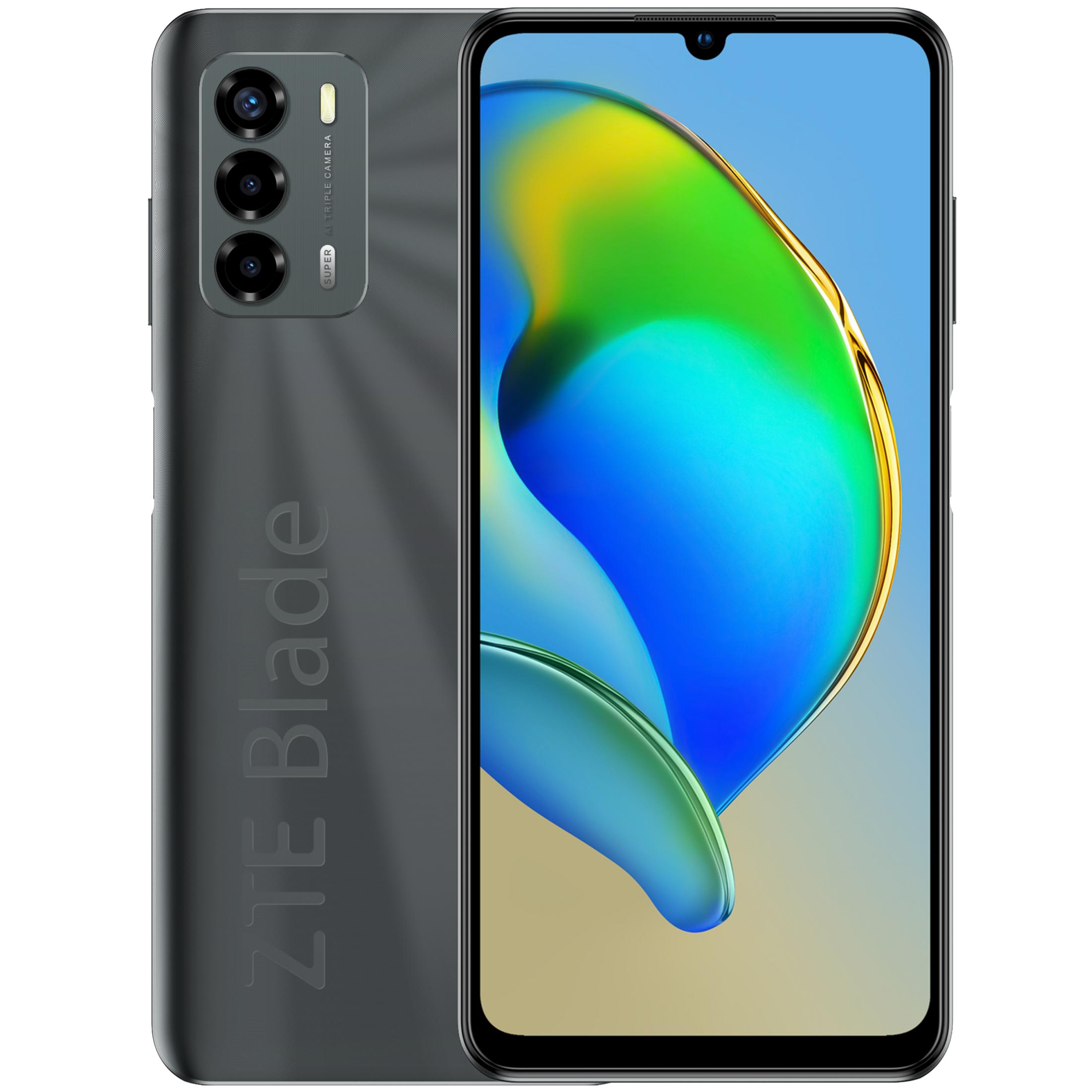 Schwarzes ZTE Blade Telefon mit Dreifachkamera und Frontdisplay, blau-grüner Hintergrund.