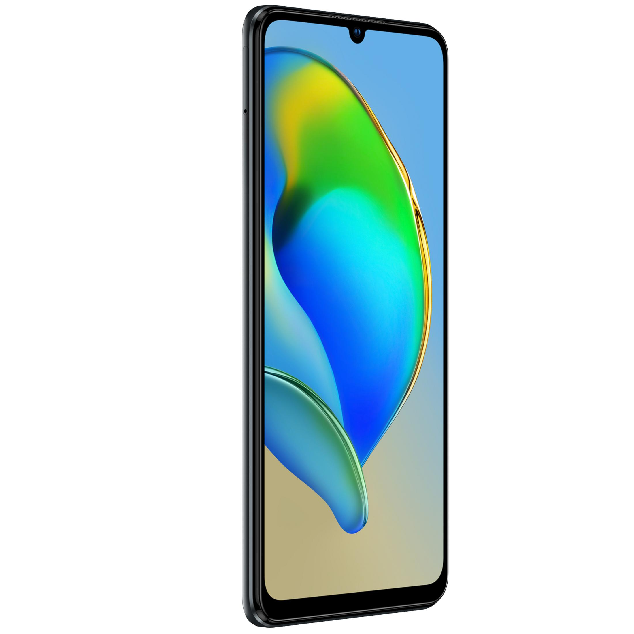 Schwarzes Smartphone mit farbenfrohem Display. Der Bildschirm zeigt abstrakte Kunst. Das Telefon ist auf weißem Hintergrund.