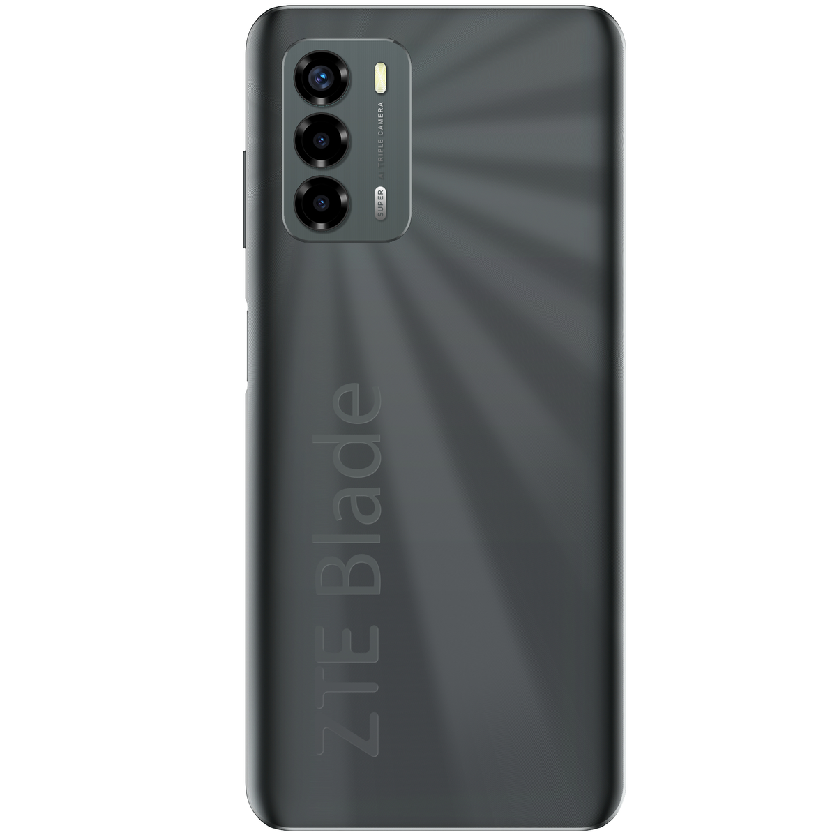 Dunkelgraue Smartphone-Rückseite. Dreifache Kamera. Text: ZTE Blade. Weißer Hintergrund.