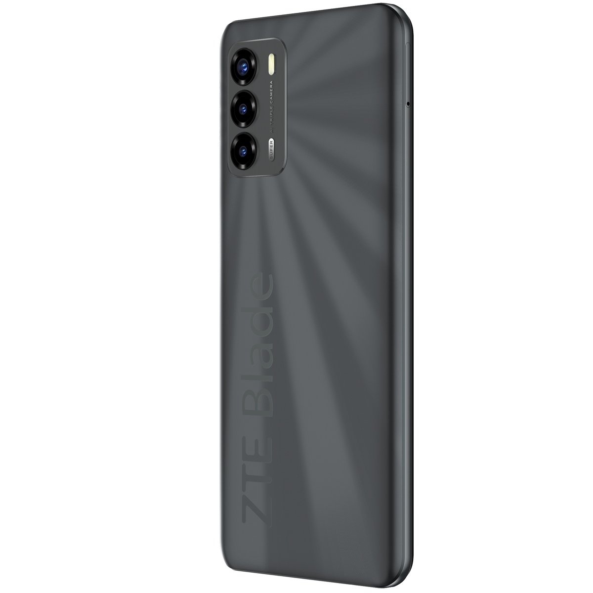 Ein graues ZTE Blade-Smartphone wird von der Seite gezeigt, mit der Rückseite und Kamera.