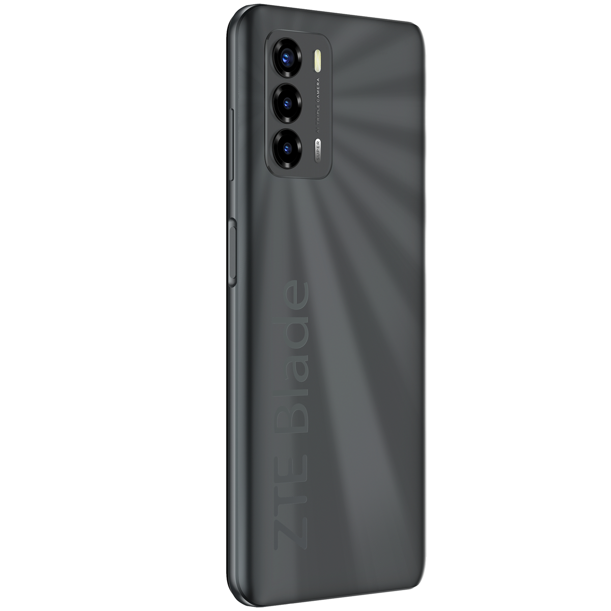 Dunkelgraues ZTE Blade-Telefon mit Dreifachkameras und ZTE Blade-Text.