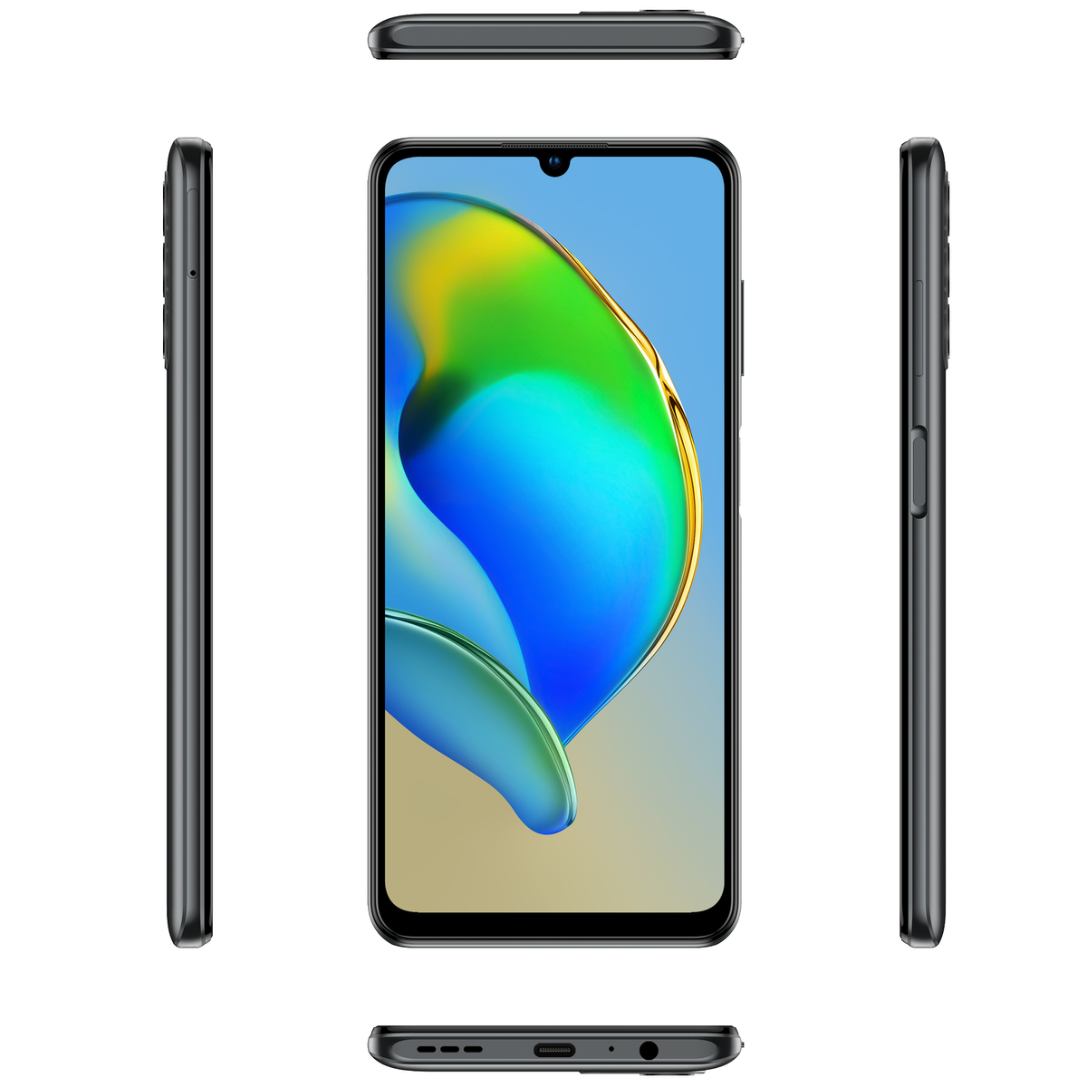 Schwarzes Smartphone in mehreren Ansichten. Das Display zeigt blaues und grünes abstraktes Design.