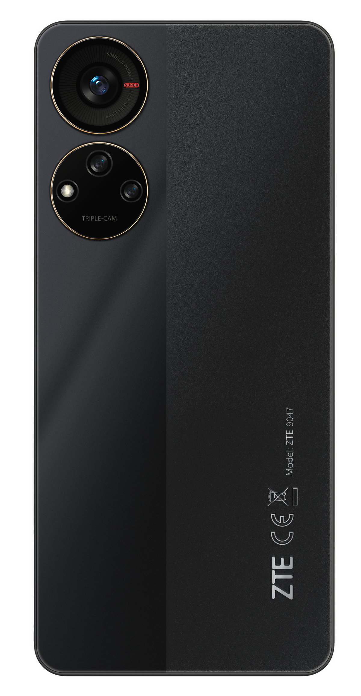 Schwarzes Smartphone. Triple-Kamera auf der Rückseite mit ZTE und Modellnummer.