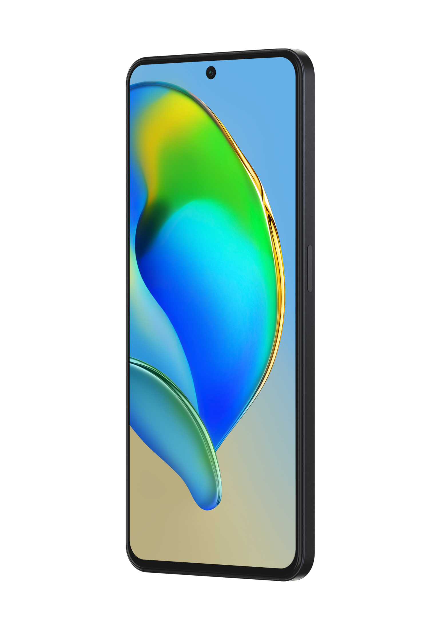 Smartphone mit gebogenem Bildschirm. Der Bildschirm zeigt ein blaues und grünes abstraktes Bild.