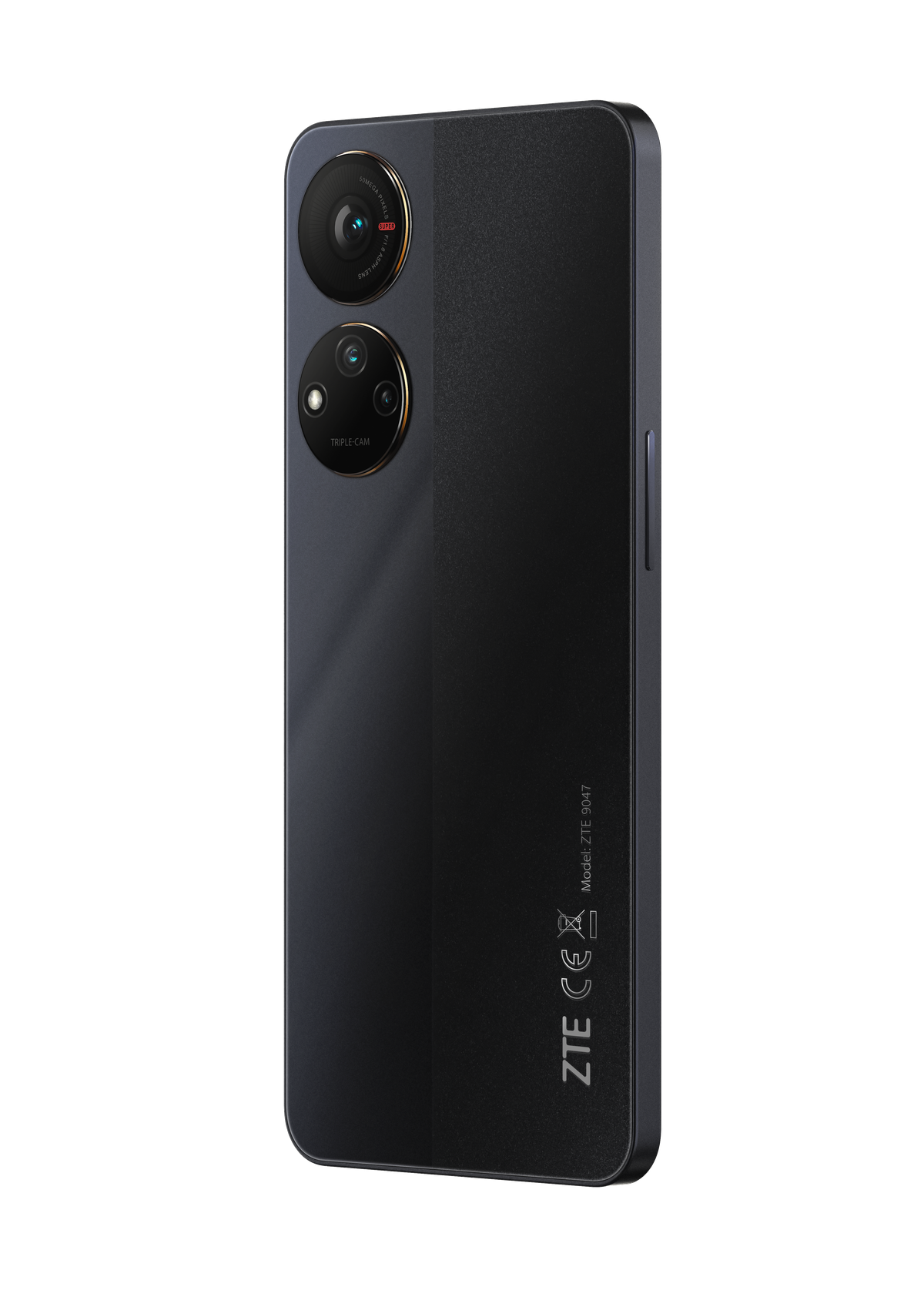 Ein schwarzes Smartphone mit drei Rückkameras und einem goldenen Ring um die Linsen.