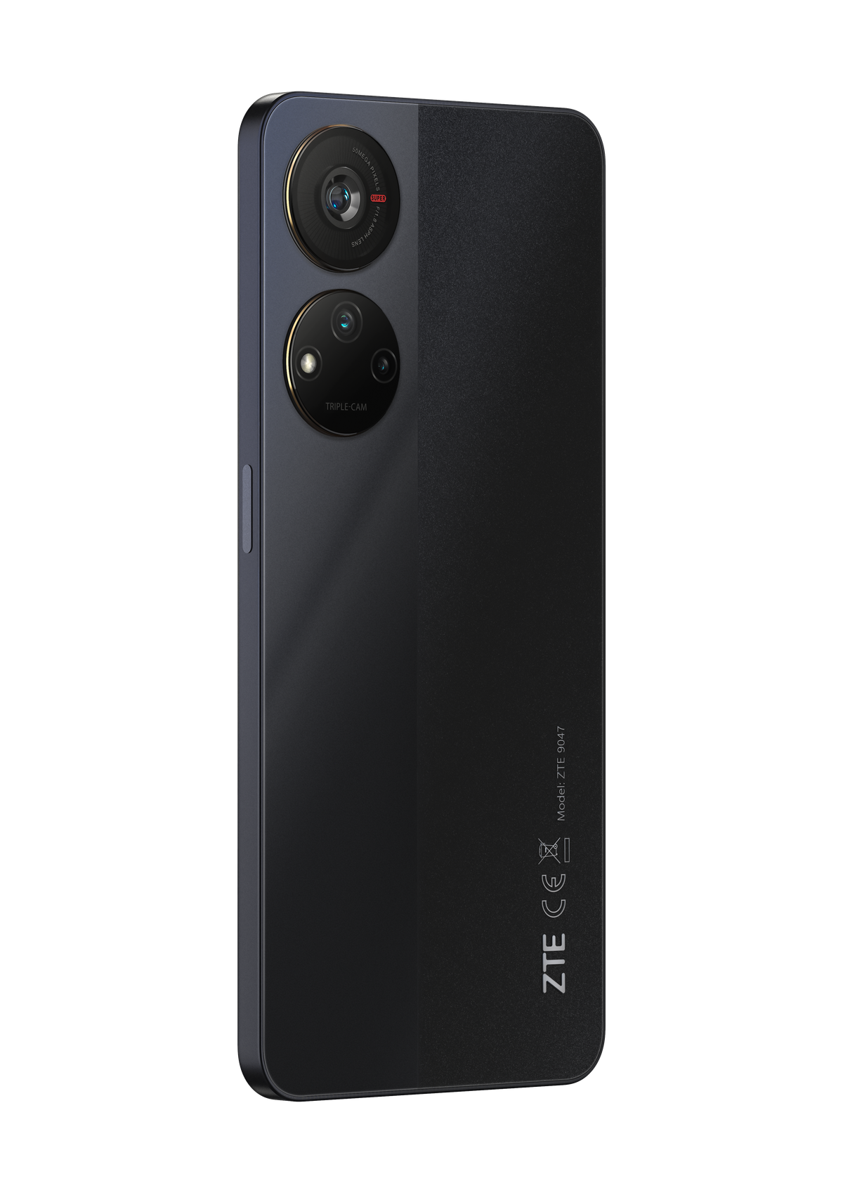 Ein schwarzes Smartphone mit Dreifachkameras auf der Rückseite. Es hat eine dunkelgraue Rückseite mit ZTE-Logo.