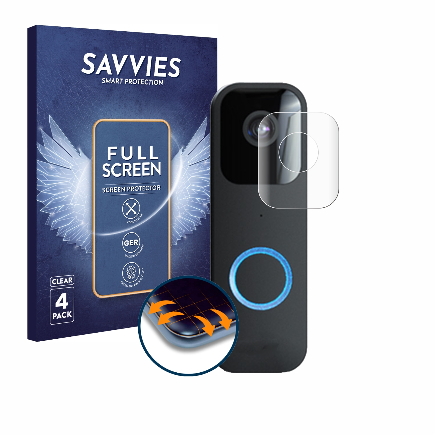 Türklingel und Displayschutzfolie. Türklingel schwarz, der Schutz ist klar mit blau-weißer Box.