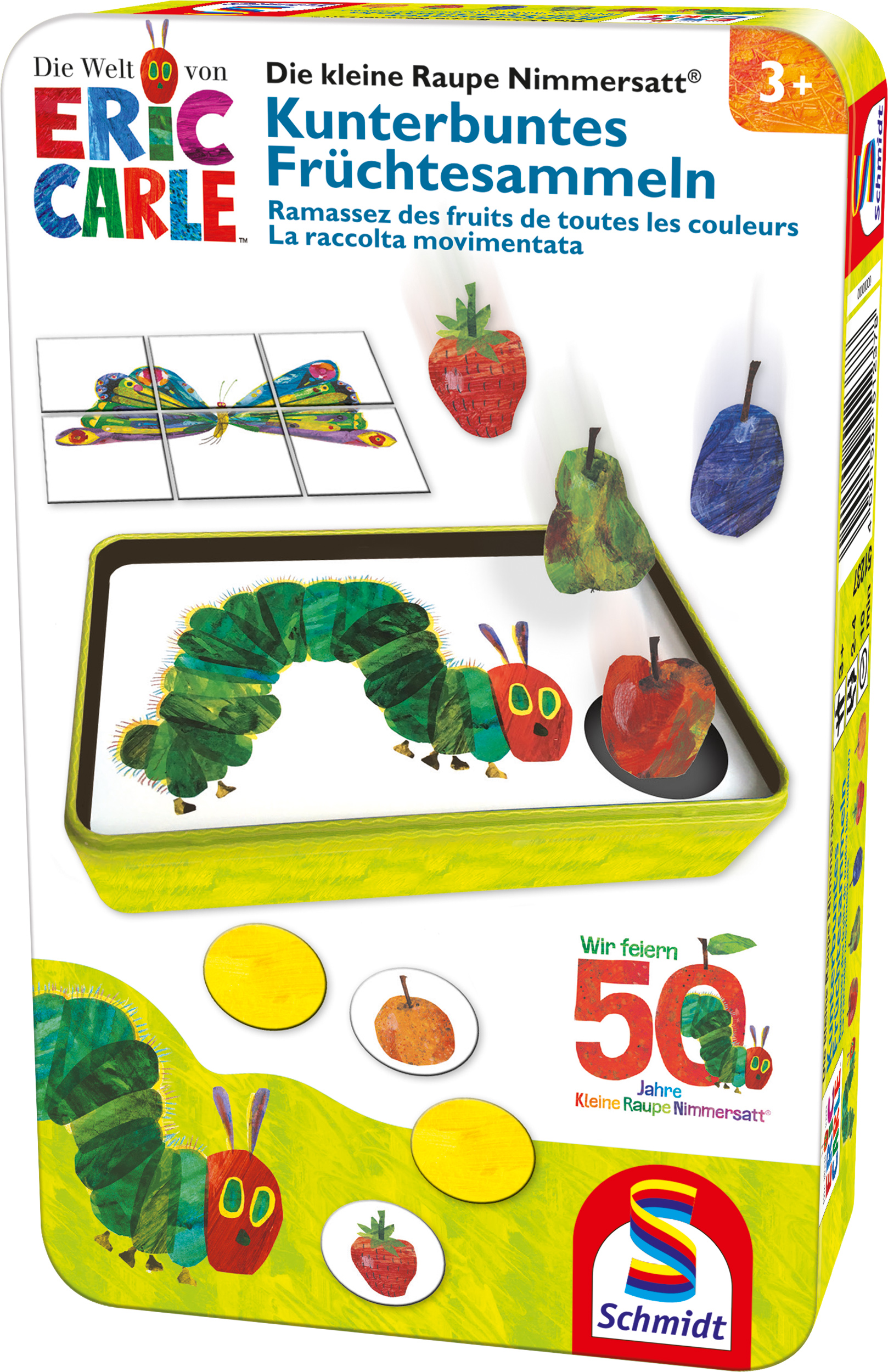Kinderspielbox mit Illustrationen einer Raupe, Früchten und Puzzles.