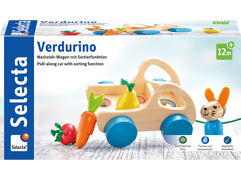 SELECTA Kleinkindwelt - Verdurino, Obst und Holzspielzeug Sortierspielzeug Gemüsewagen, Nachzieh- und nein