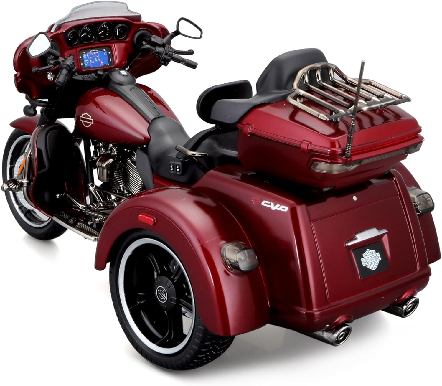Burgunderrote Harley-Davidson Trike, Rückansicht, glänzend und detailliert.