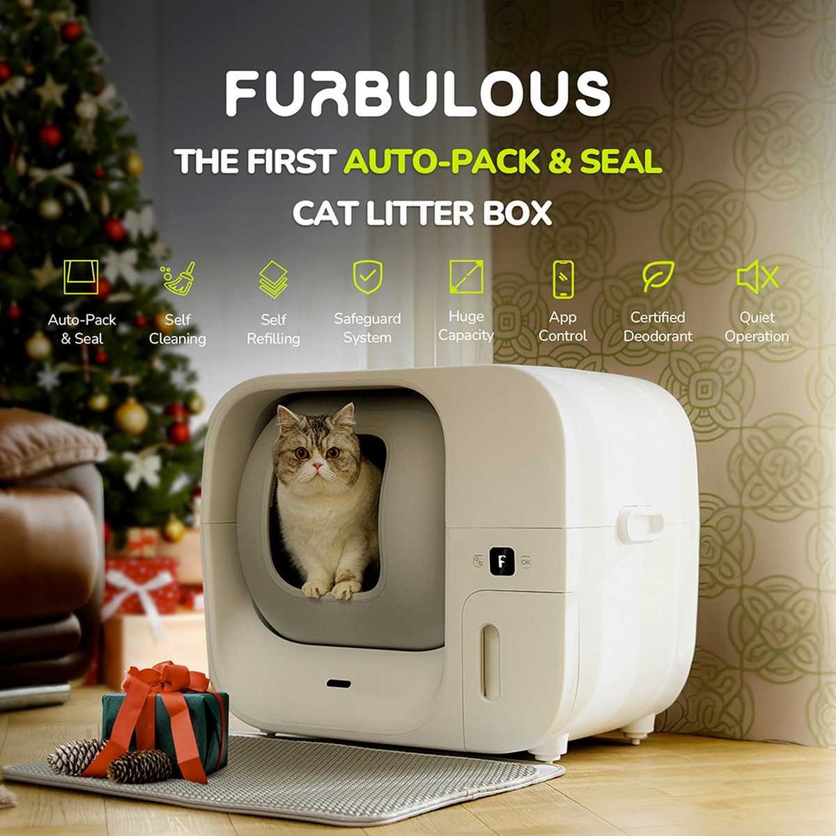 FURBULOUS FB001 Automatische Katzentoilette mit sicher Katzen mehrere App-Steuerung, 60 Liter, für Katzentoilette