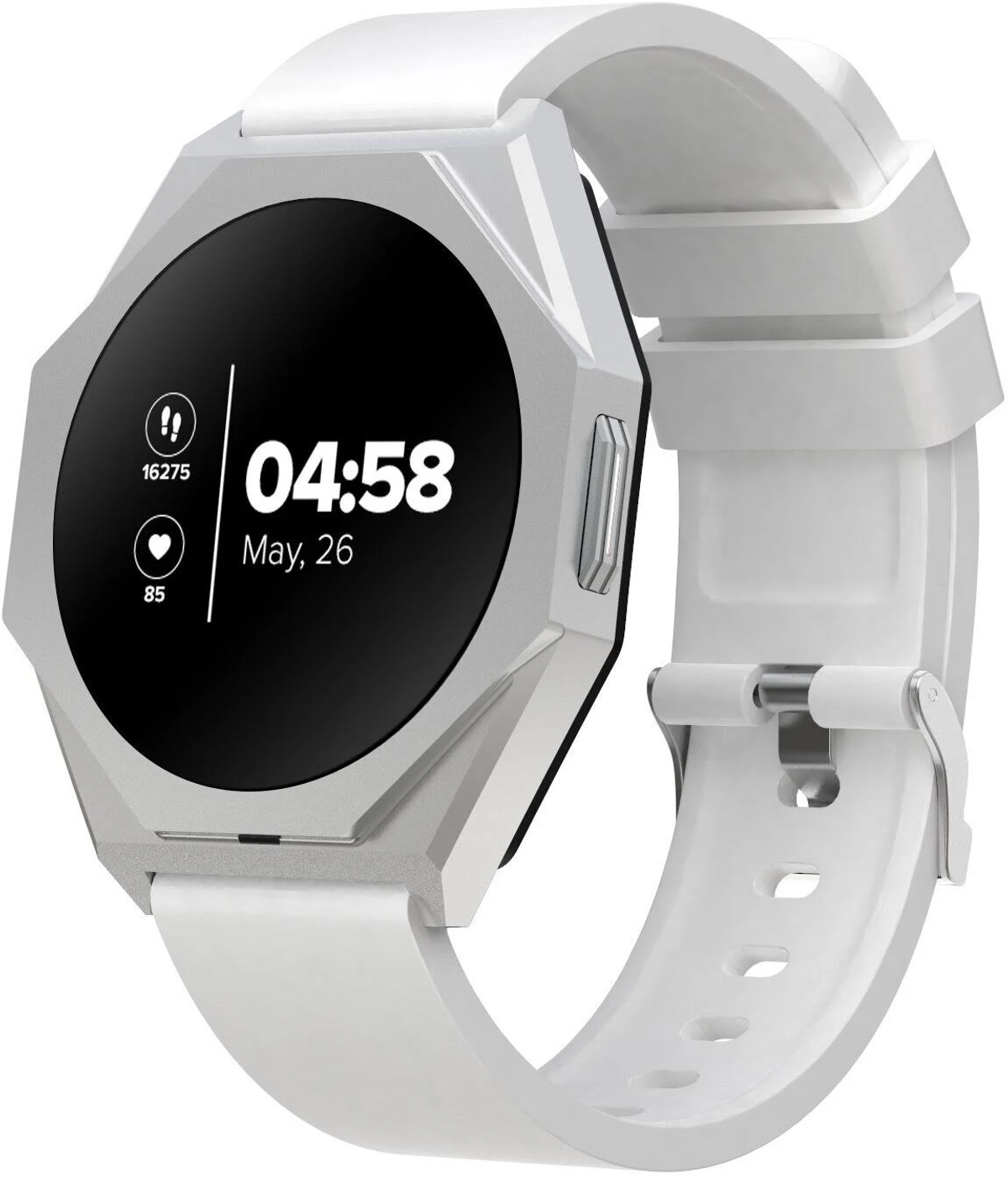 Smartwatch z białym paskiem. Smartwatch na białym tle. Wyświetla czas, aktywność i tętno.