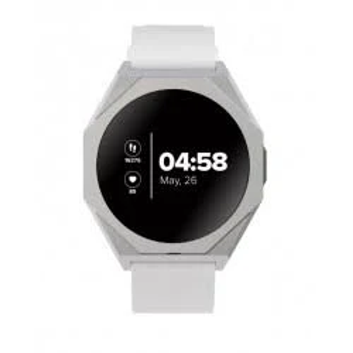 Smartwatch ze srebrną kopertą i białym paskiem. Wyświetla godzinę i datę.
