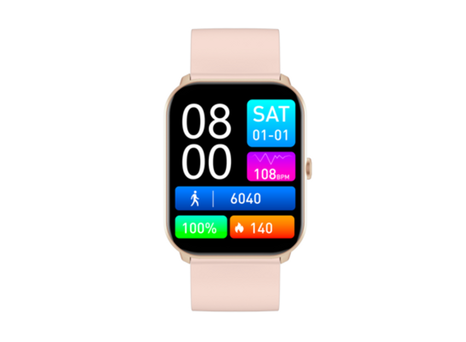 Smartwatch mit Anzeige von Zeit, Datum, Herzfrequenz, Schritten und Akkustand.