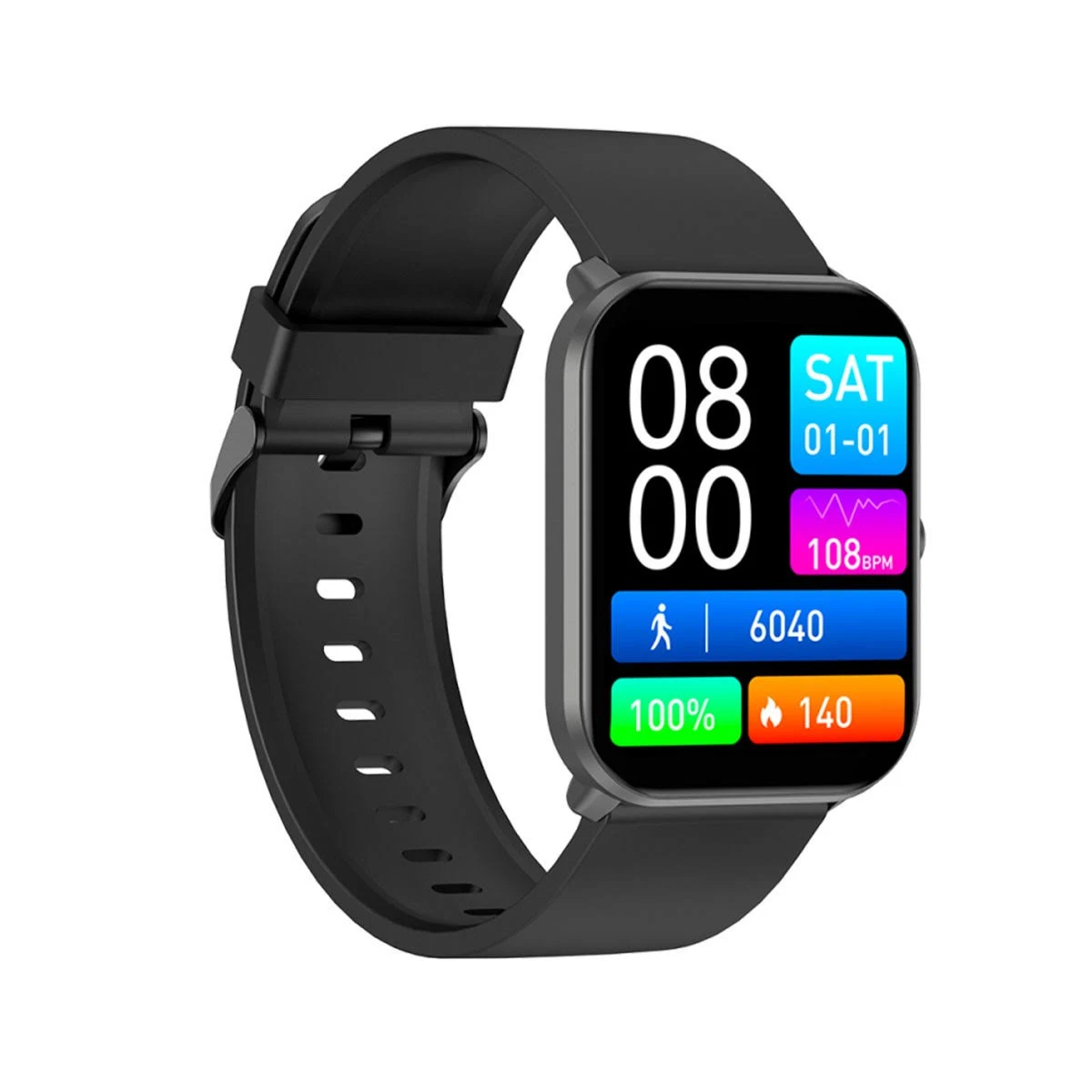 Czarny smartwatch wyświetlający godzinę, datę, kroki i wskaźniki zdrowotne.