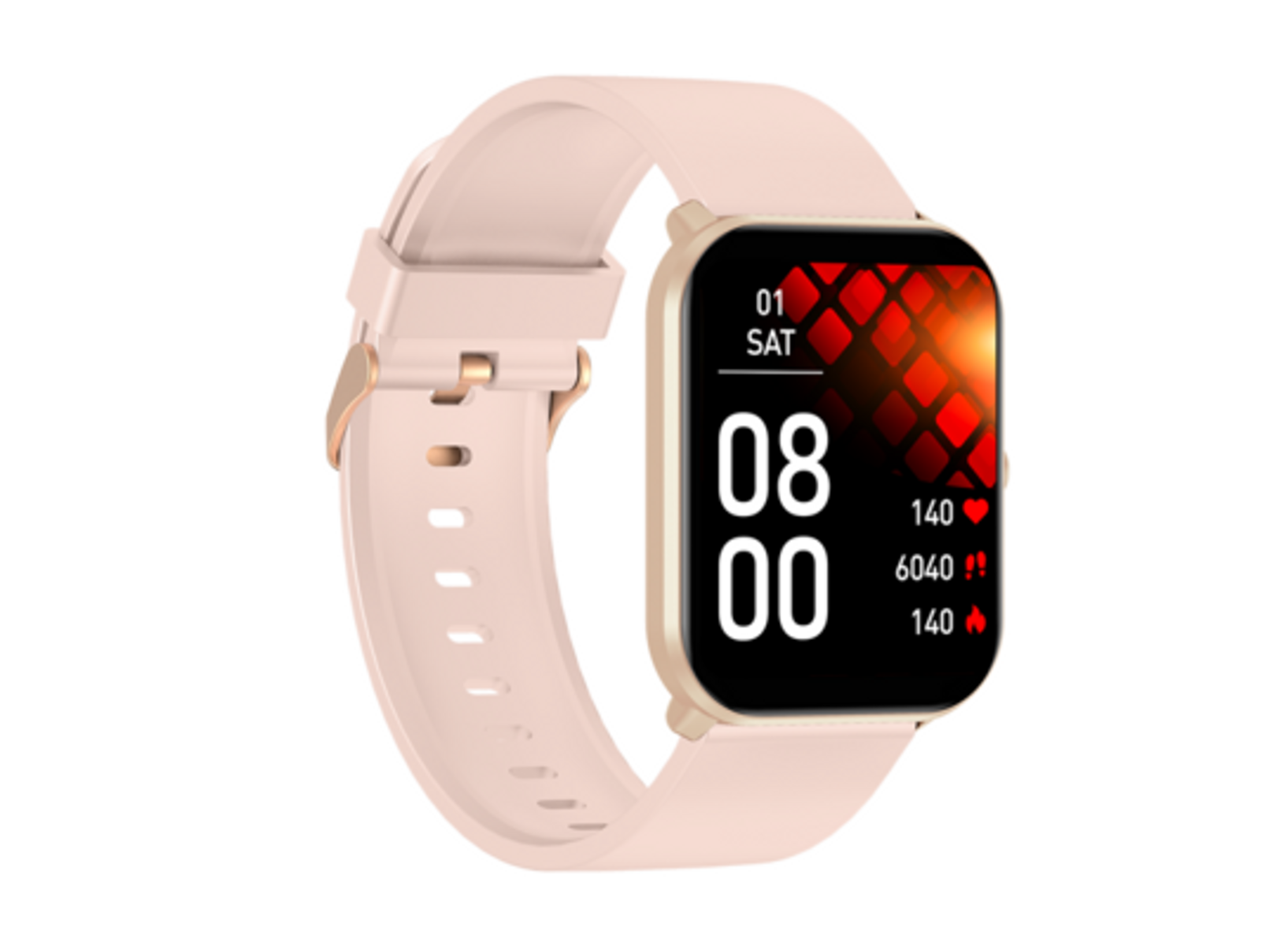 Eine Smartwatch mit rosa Armband. Bildschirm zeigt Zeit, Schritte, Herzfrequenz und Benachrichtigungen.