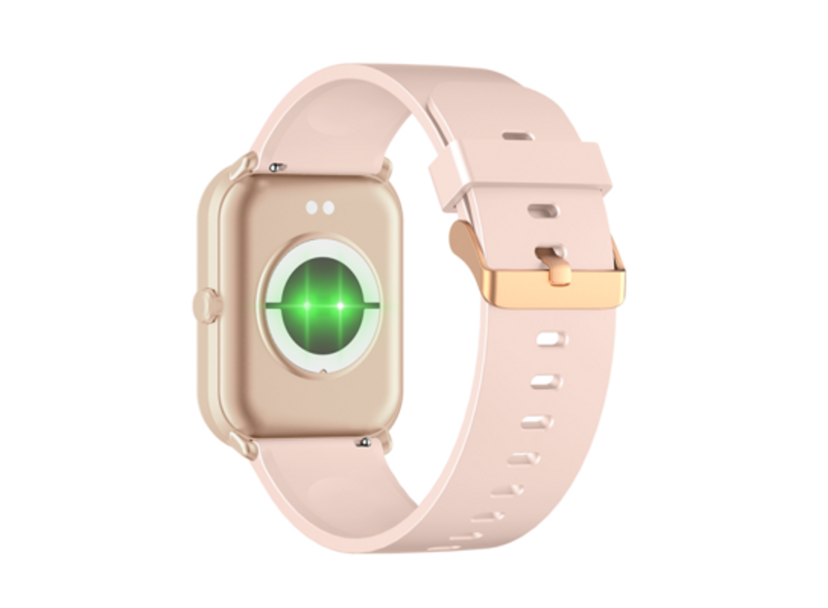 Eine roségoldene Smartwatch mit pinkfarbenem Armband, zeigt die Rückseite mit einem grünen Sensor.