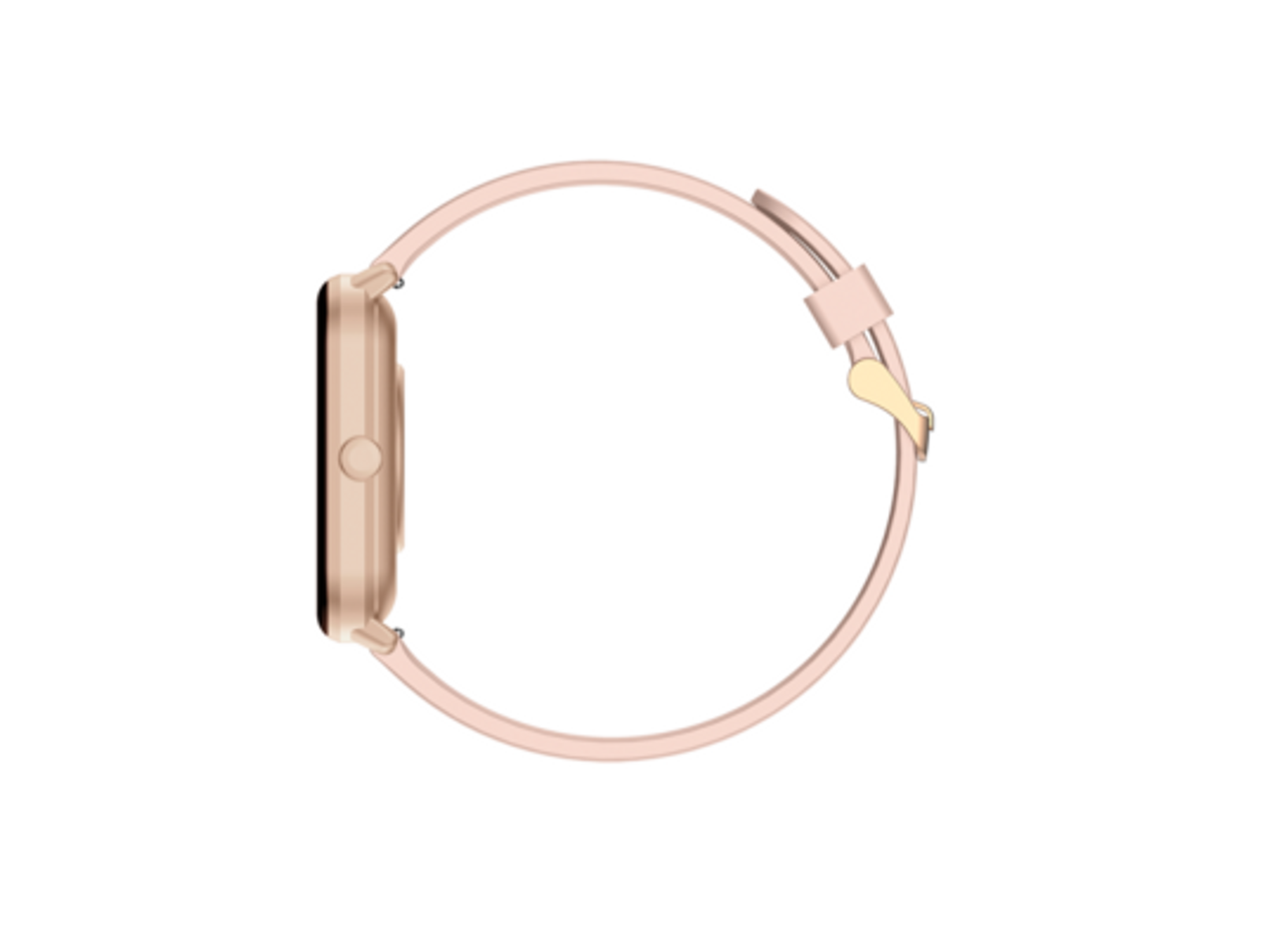 Roségoldfarbene Smartwatch mit pinkfarbenem Armband, Seitenansicht.