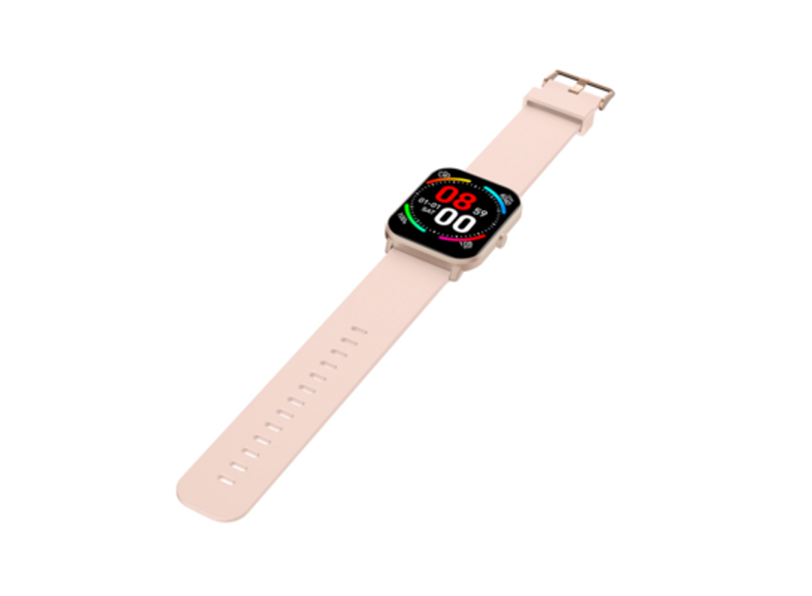 Rosa Smartwatch mit rosa Armband und digitaler Zeitanzeige. Weißer Hintergrund.