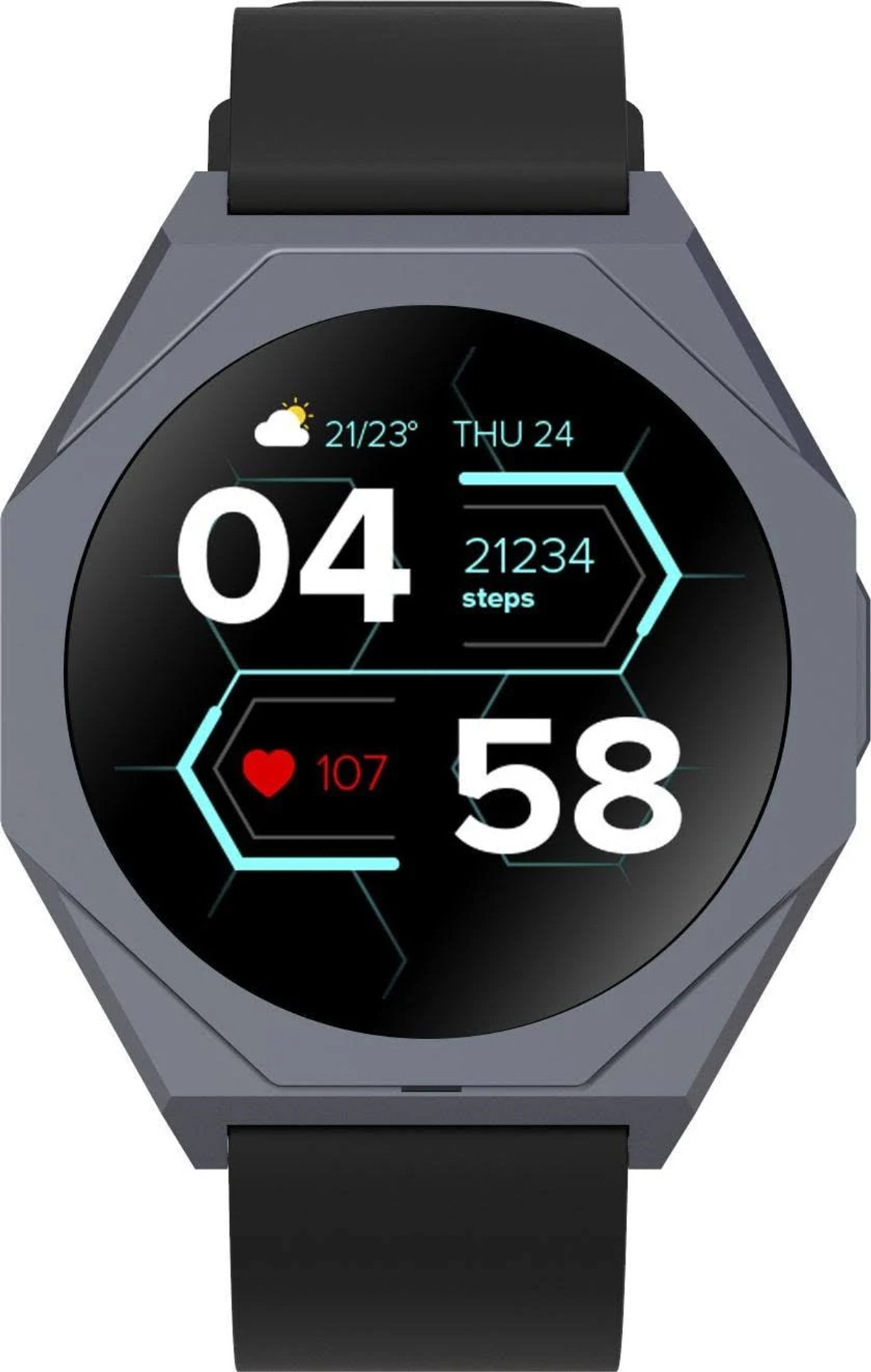 Szary smartwatch z czarnym paskiem wyświetlający godzinę, datę, kroki i tętno na białym tle.