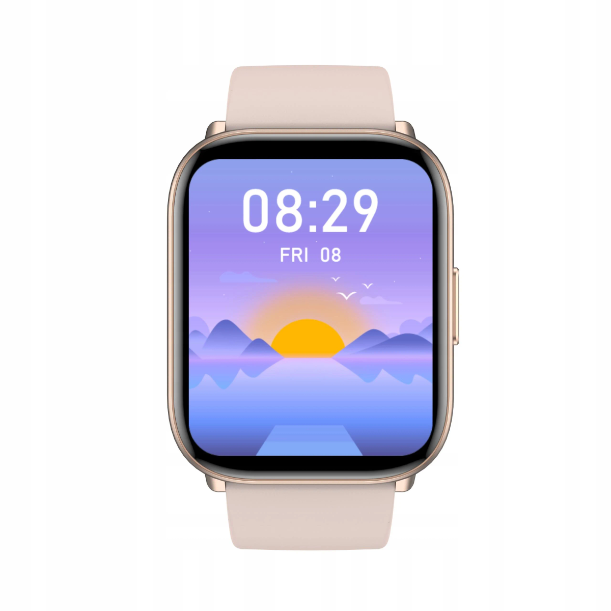 Smartwatch z różowym paskiem. Ekran wyświetla godzinę i datę.