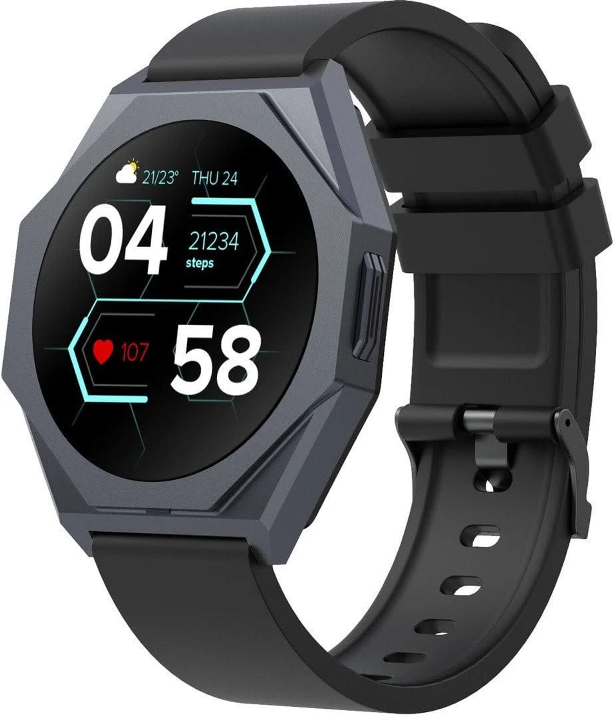 Czarny smartwatch z cyfrowym wyświetlaczem pokazującym godzinę, dane zdrowotne i kroki na białym tle.