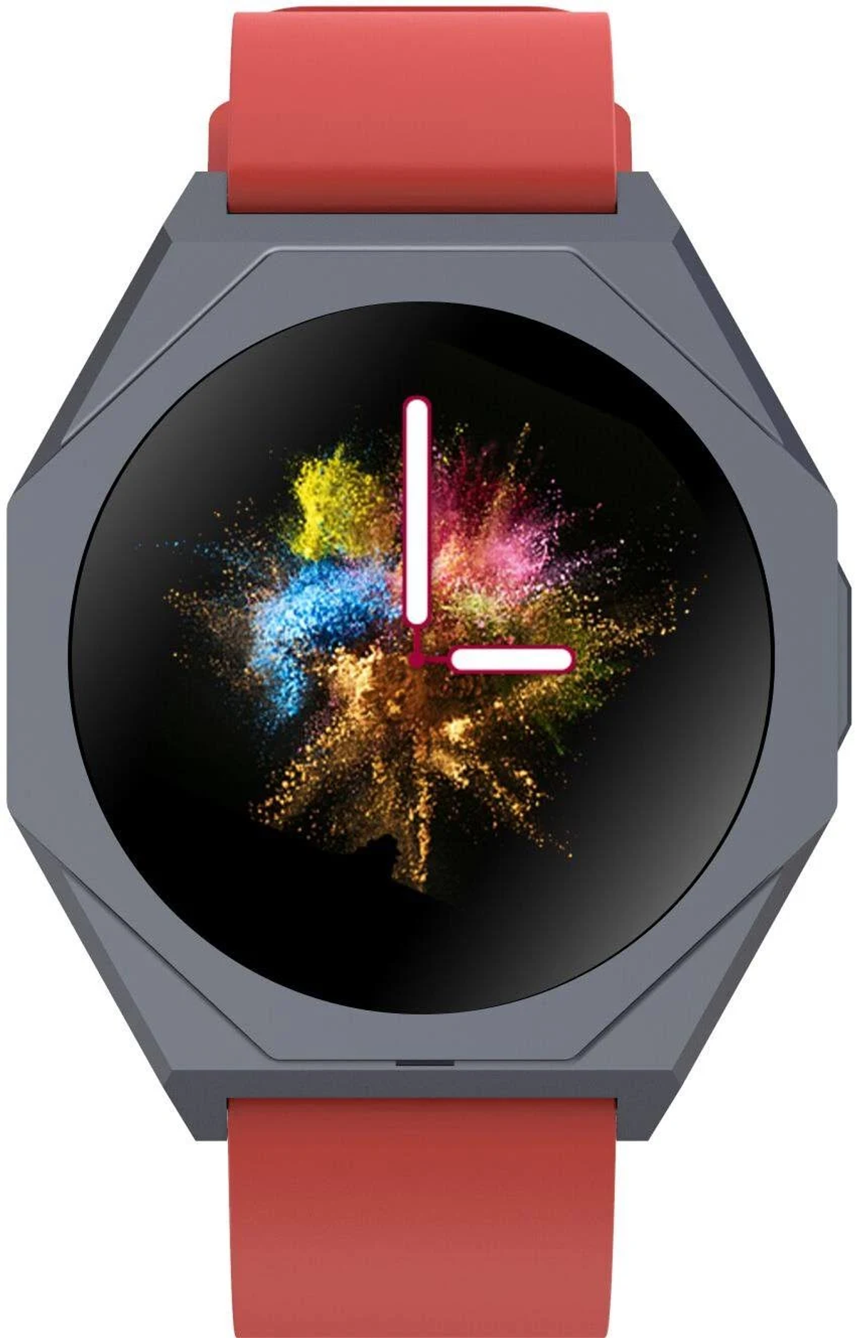 Smartwatch z kolorowym wzorem rozprysków na ekranie, czerwony pasek.