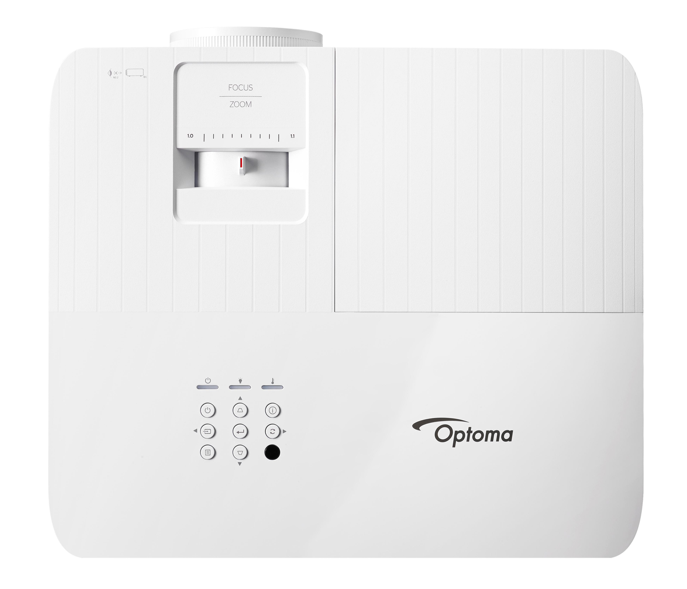 Un proyector blanco con botones de control y el logotipo de Optoma. El enfoque y zoom son visibles.