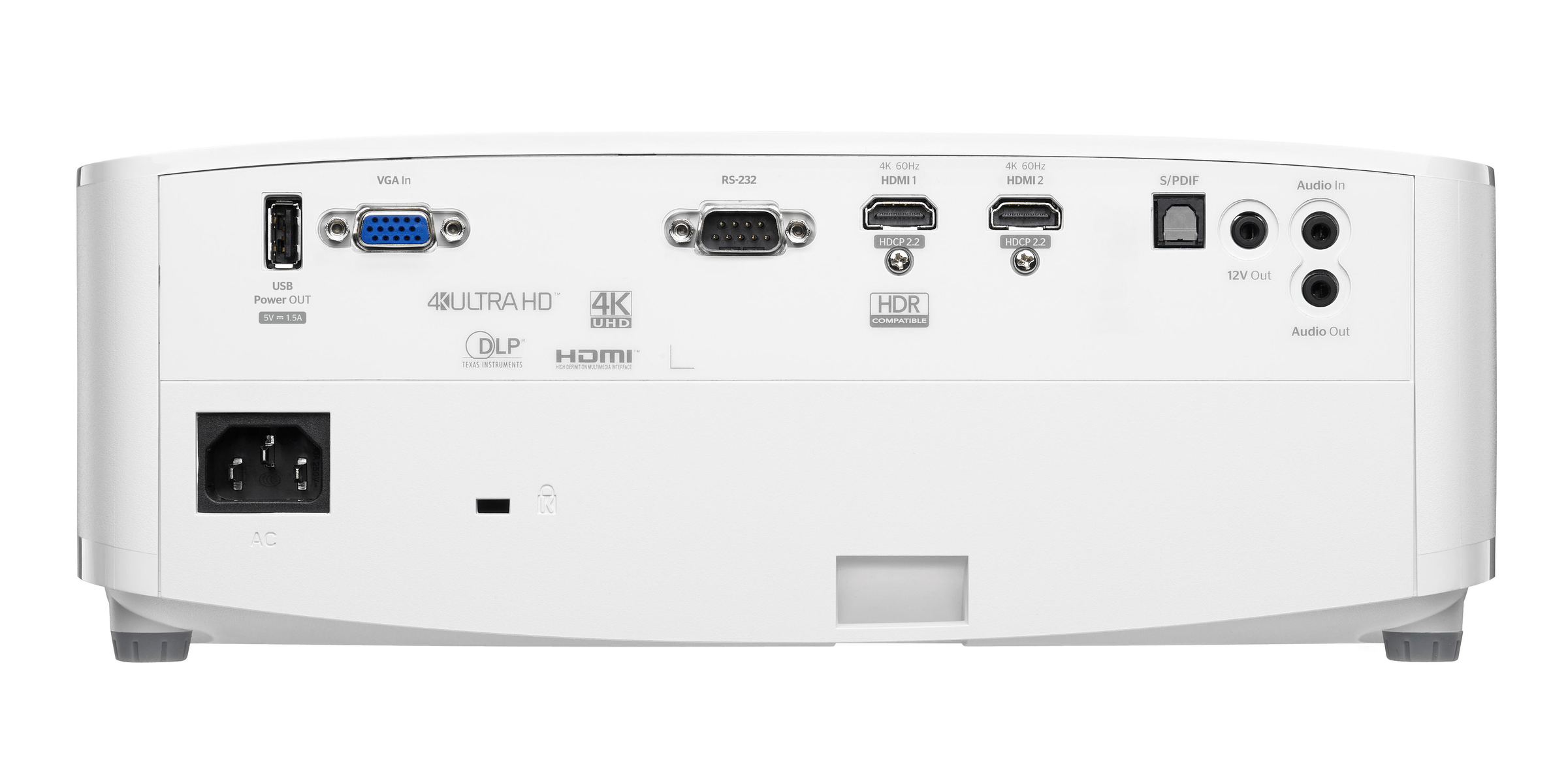 La parte trasera de un proyector blanco con varios puertos, incluyendo HDMI, USB y audio.