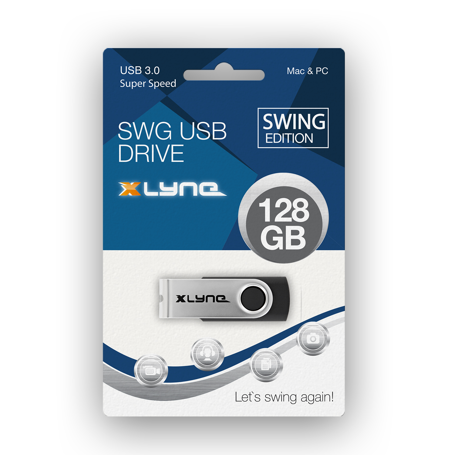 Opakowanie dysku USB z napędem. Białe tło. Niebieski i szary design.