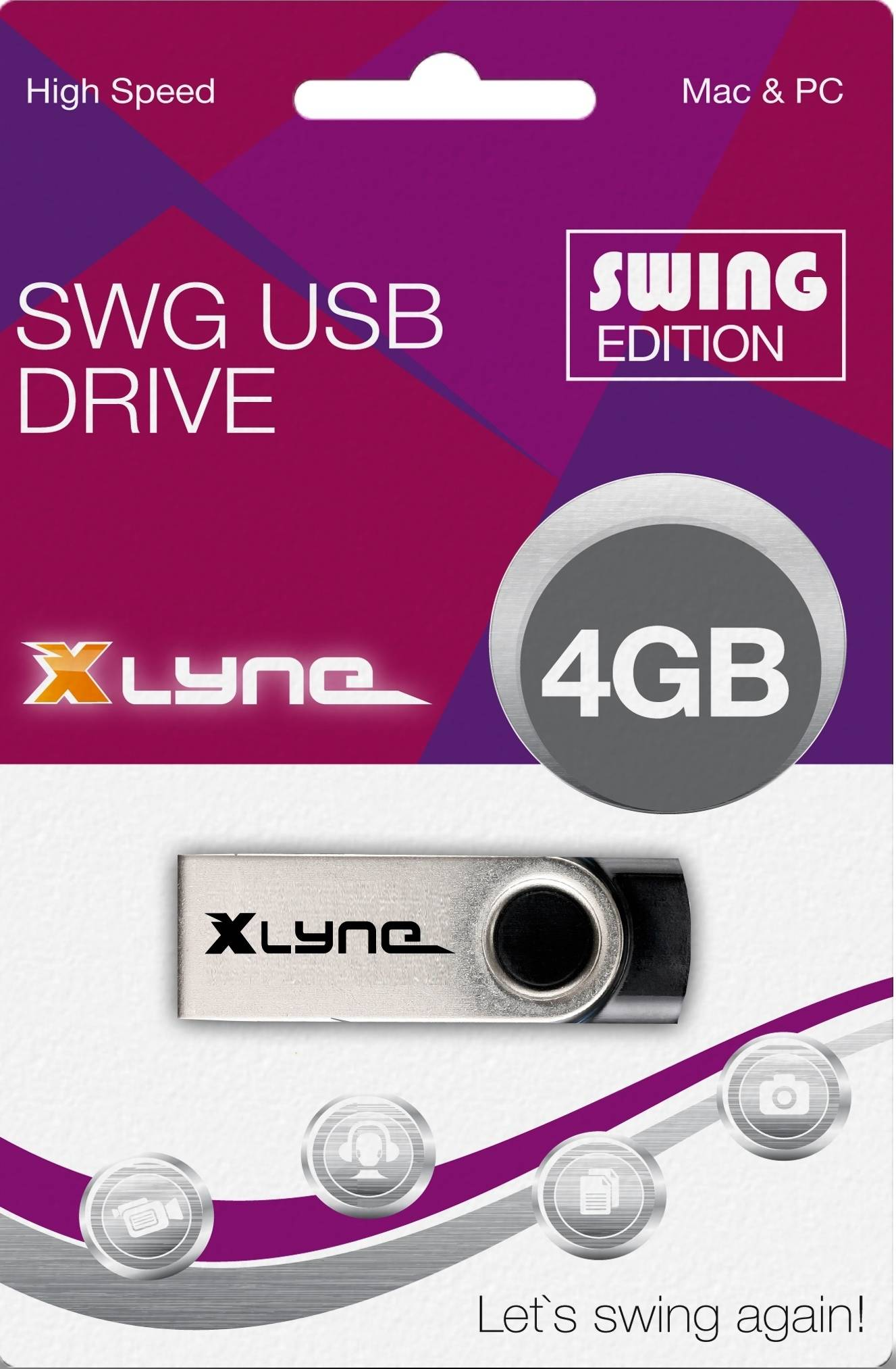 Pamięć USB w opakowaniu. Srebrna pamięć, 4 GB, na różowo-białym opakowaniu. Tekst: SWG USB DRIVE.