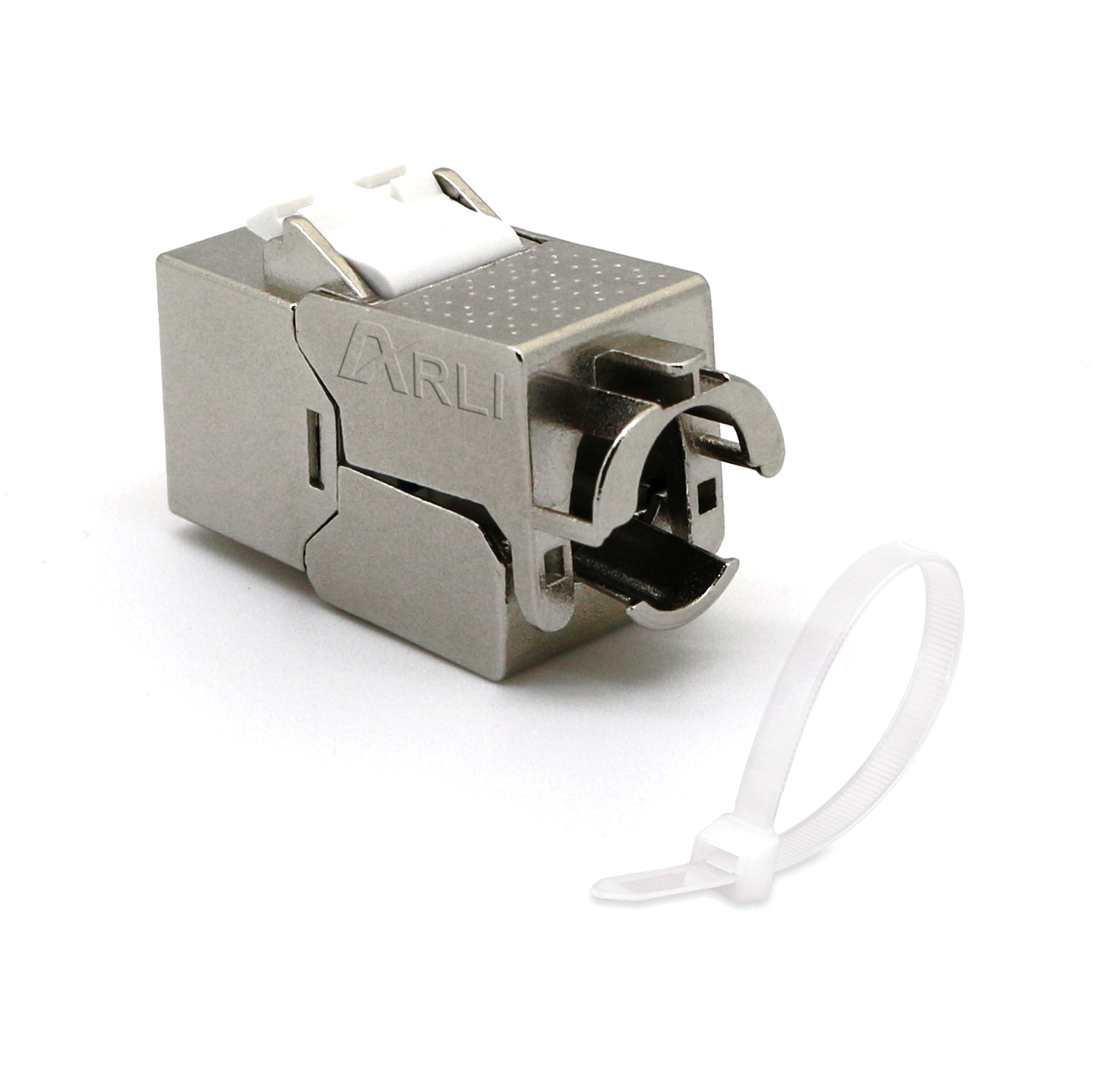 Metall-RJ45-Anschluss mit einem weißen Kabelbinder.