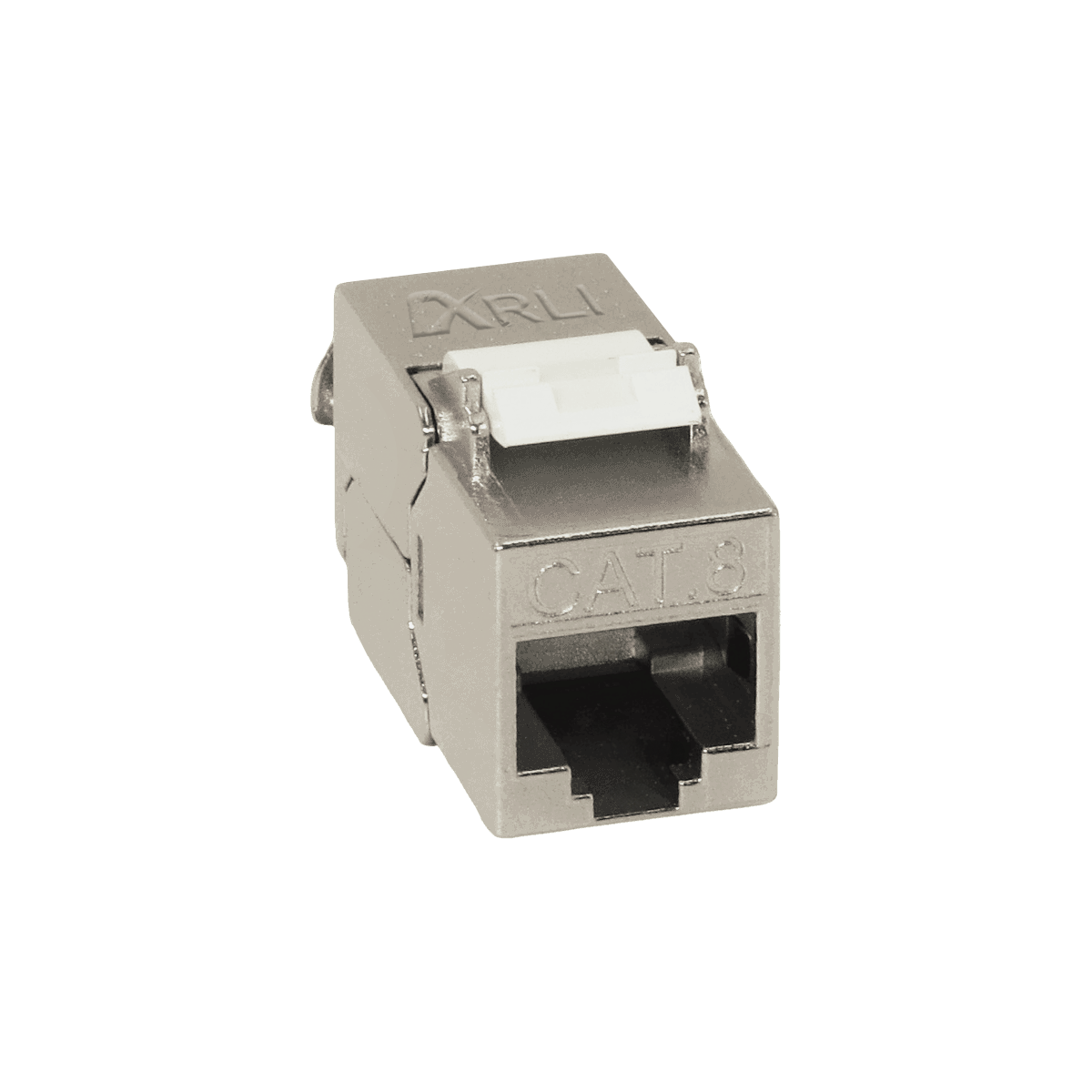 Silberner RJ45-Anschluss, CAT 8-Etikett, weißer Kunststoffeinsatz. Weißer Hintergrund.