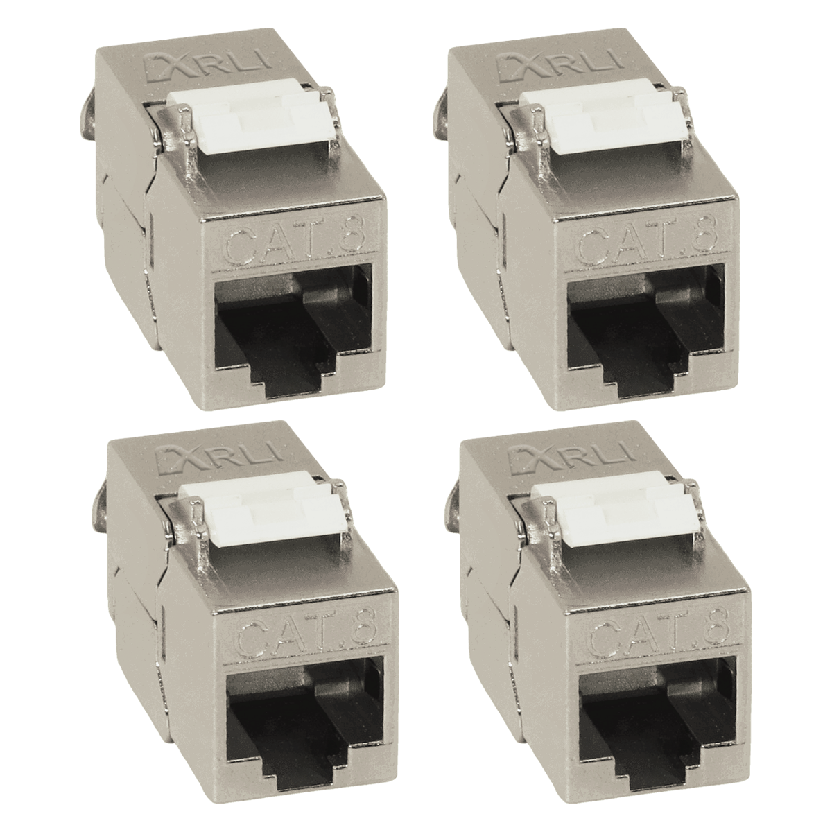 Vier graue CAT8 RJ45-Steckverbinder mit weißen Kunststoffeinsätzen, quadratisch angeordnet.