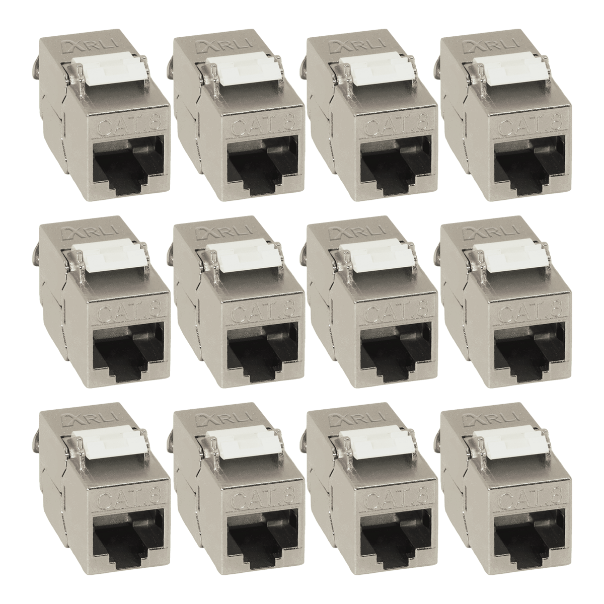 Zwölf silberne CAT 8-Stecker in einem Raster angeordnet, weiße Kunststoffhebel und schwarze Anschlussöffnungen.