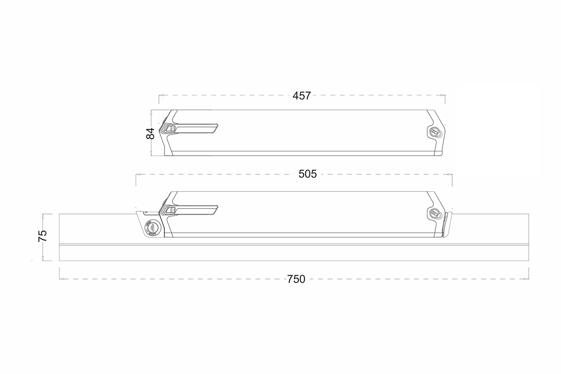 Diagramm mit zwei rechteckigen Formen, die Abmessungen zeigen: 750 mm, 505 mm, 457 mm, und 84 mm.