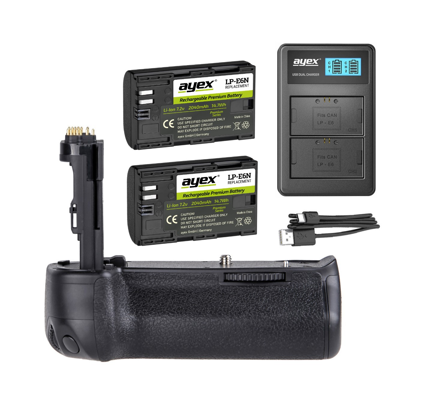 + Canon Batteriegriff USB Akku 7D + Batteriegriff II für Set BG-E16 1x Set, Dual EOS Ladegerät, LP-E6N Mark 2x Schwarz wie AYEX