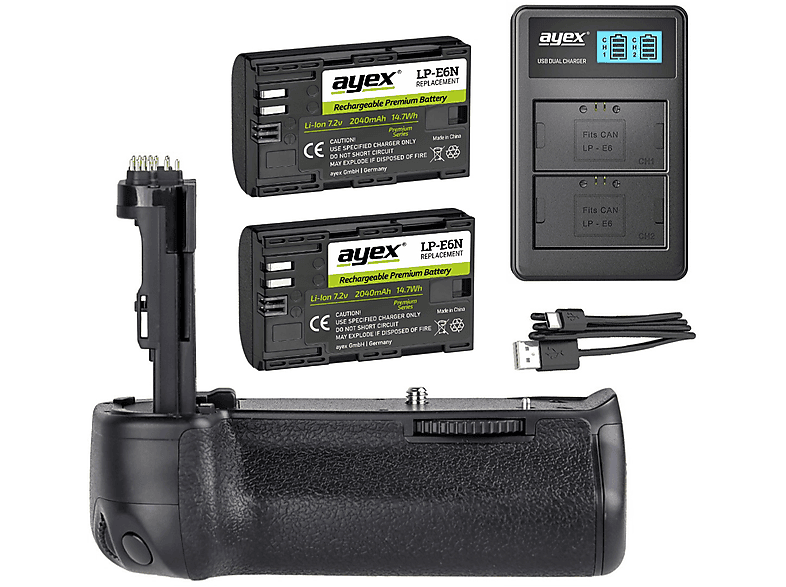 Batteriegriff Canon 1x Akku II für Mark 7D Schwarz Batteriegriff + Set USB EOS Dual Set, AYEX BG-E16 2x wie LP-E6N Ladegerät, +