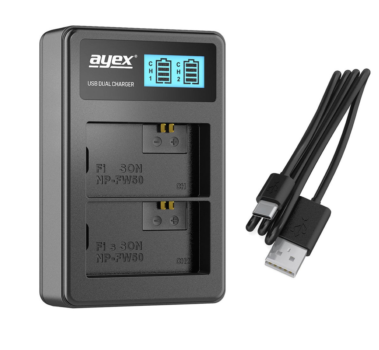 USB + Set Batteriegriff Dual + Batteriegriff 1x Ladegerät, A7S A7R AYEX Set, 2x Schwarz NP-FW50 A7 für Alpha Akku Sony