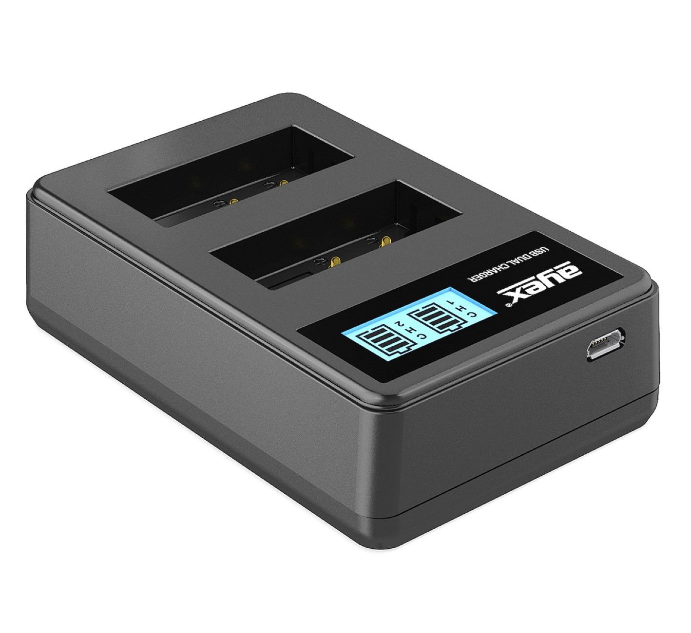 Schwarzes Dual-Ladegerät mit LCD-Bildschirm, zeigt den Batterieladestatus an. Weißer Hintergrund.