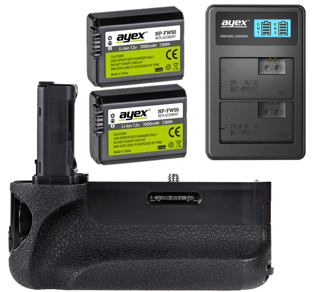 AYEX Batteriegriff Schwarz 2x + + Batteriegriff Set, Akku A7 für A7R Ladegerät, NP-FW50 Set Sony Alpha 1x USB A7S Dual