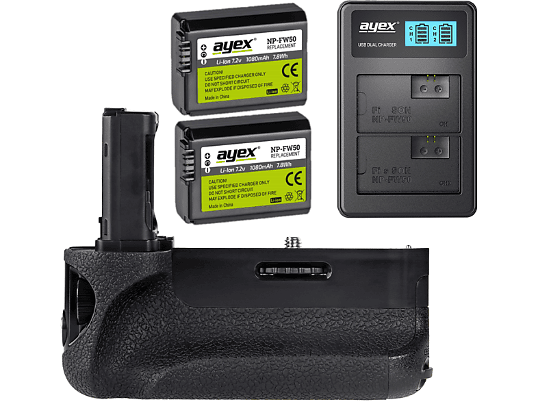 AYEX Batteriegriff Set Schwarz + Akku für A7 A7R Ladegerät, 2x Batteriegriff + A7S Sony NP-FW50 USB Set, Dual 1x Alpha