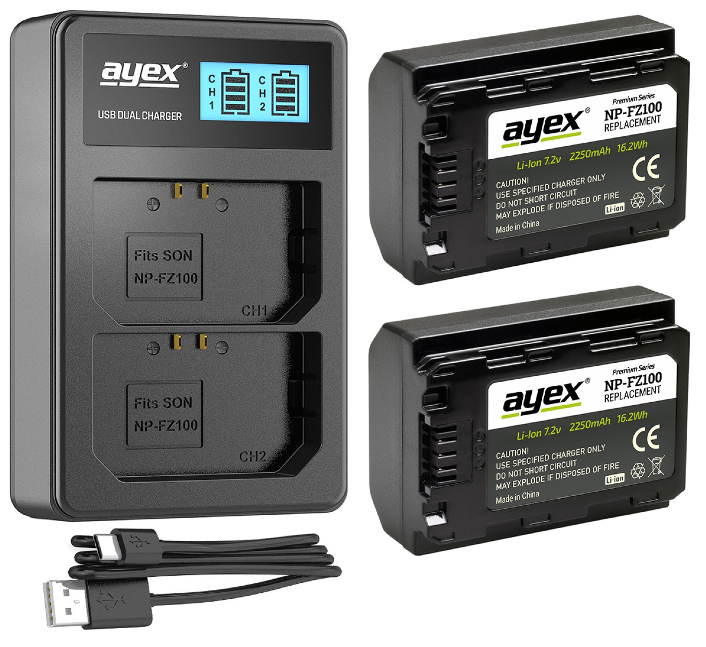 Ein Dual-USB-Ladegerät und zwei Kamerabatterien. Sie sind schwarz und auf weißem Hintergrund.