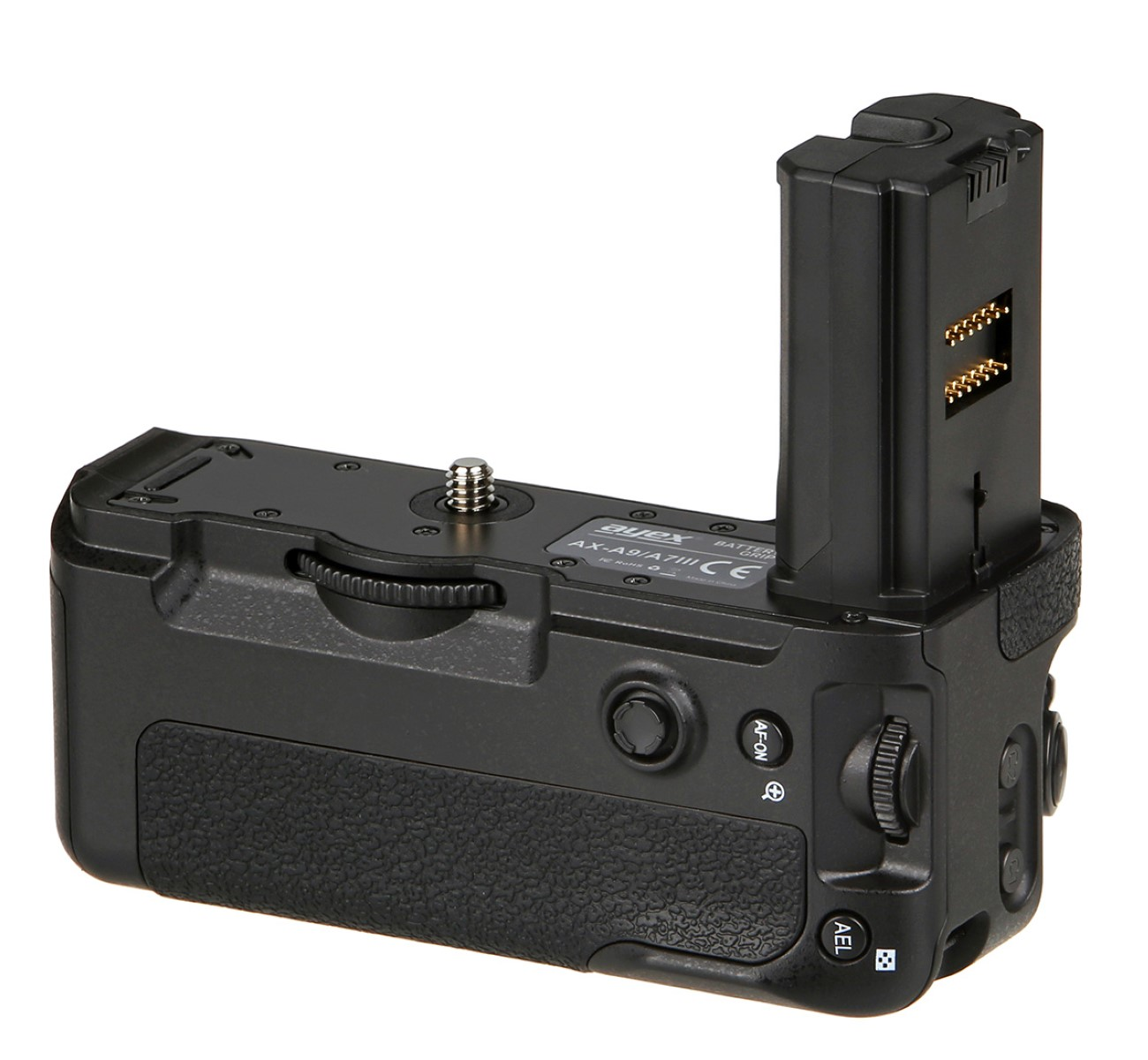 Schwarzer Kamera-Batteriegriff mit Knöpfen und einem Batterieschacht auf weißem Hintergrund.