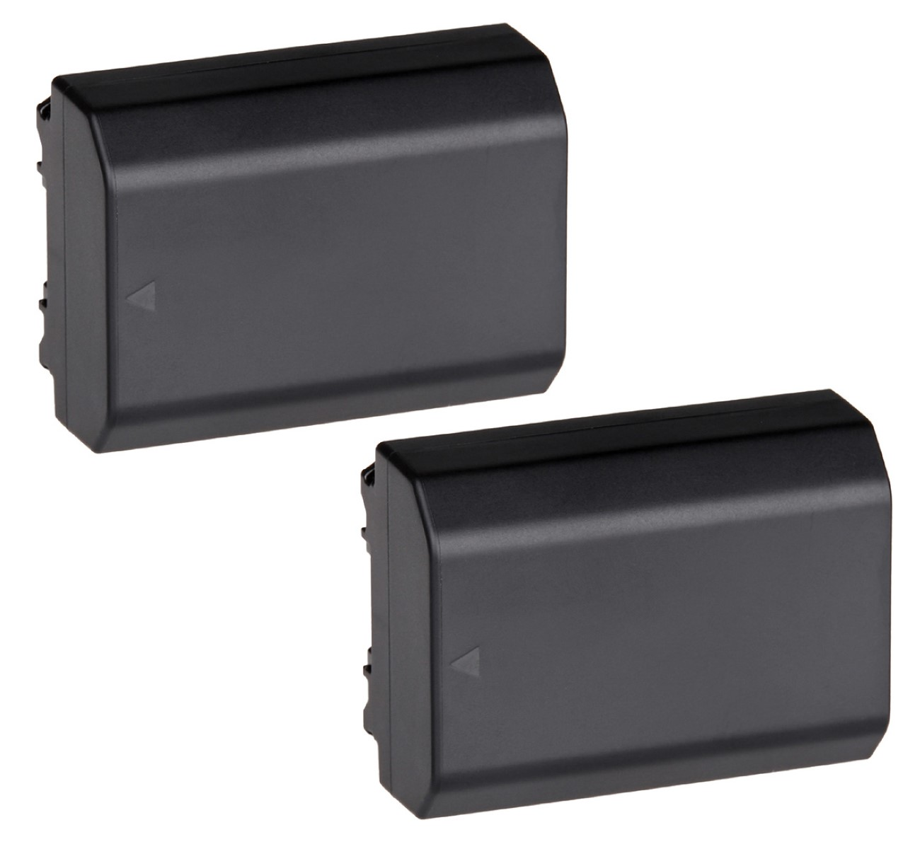 Zwei schwarze rechteckige Batterien mit einem Dreiecksindikator auf der Oberseite.