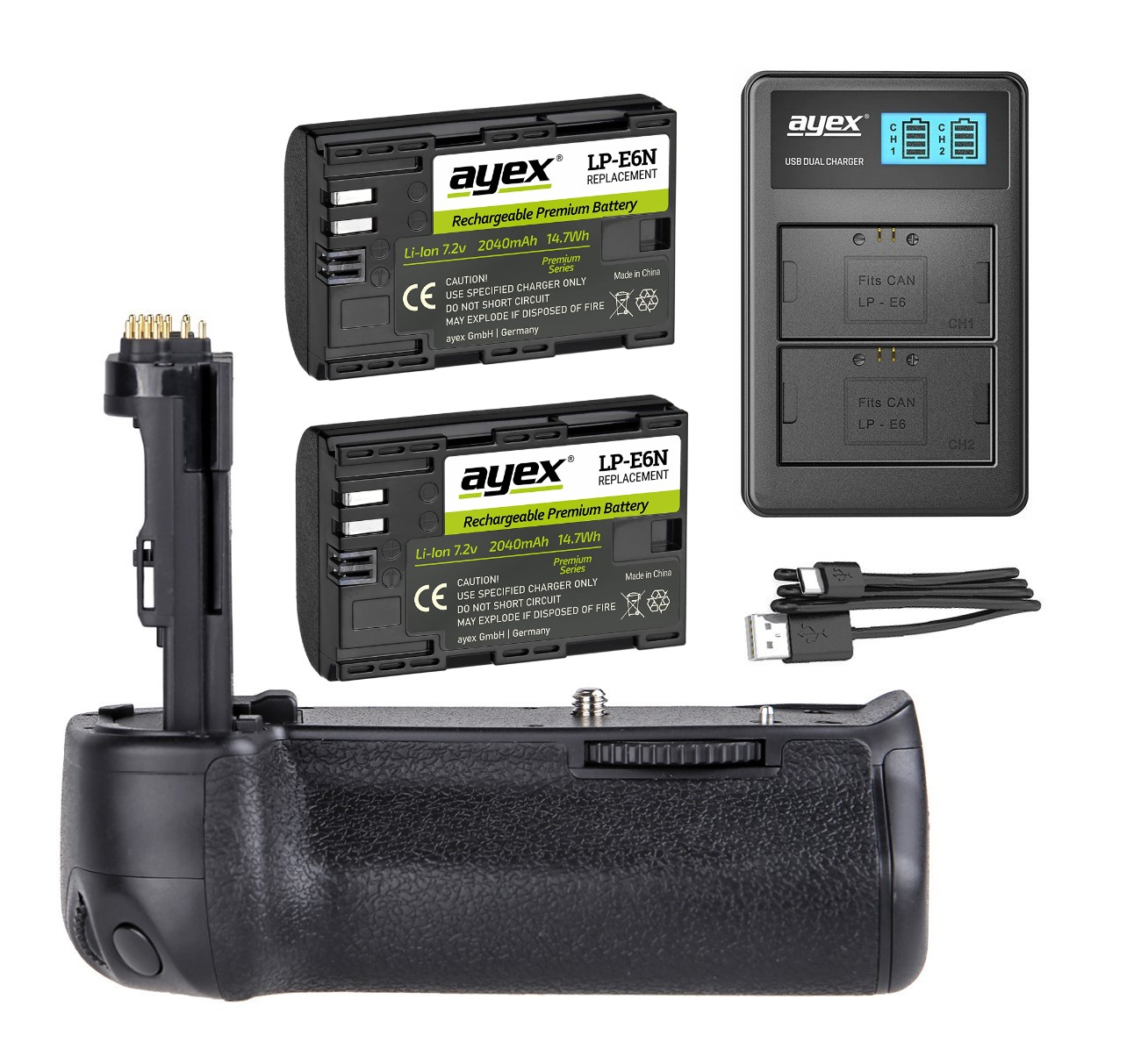 AYEX Batteriegriff Set für Dual Ladegerät, LP-E6N Canon Akku II 6D EOS + Set, + 1x USB Batteriegriff Mark Schwarz wie 2x BG-E21