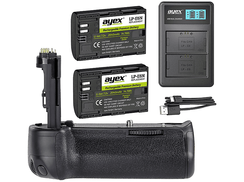 AYEX Batteriegriff 6D Mark Canon Akku + Batteriegriff 2x Set, LP-E6N BG-E21 Dual für Ladegerät, Set EOS II + USB Schwarz 1x wie