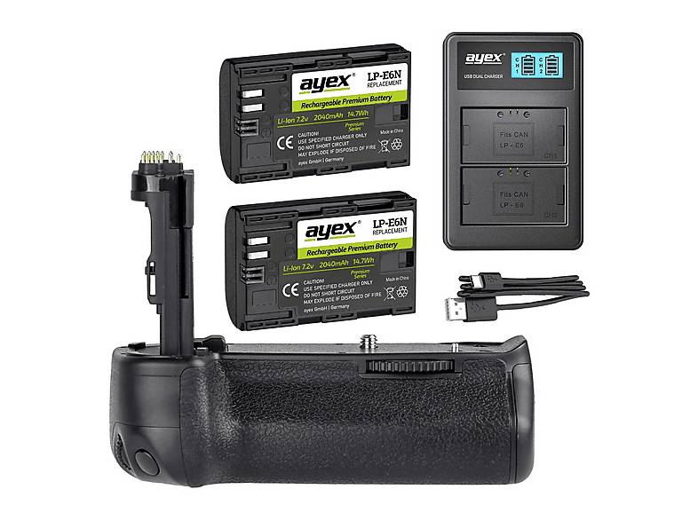 Ayex Set 2 Batterie LP-E6 + Caricatore USB Doppio Per Canon EOS R, 5D III, 6D, 7D II, 80D, 70D, 60D