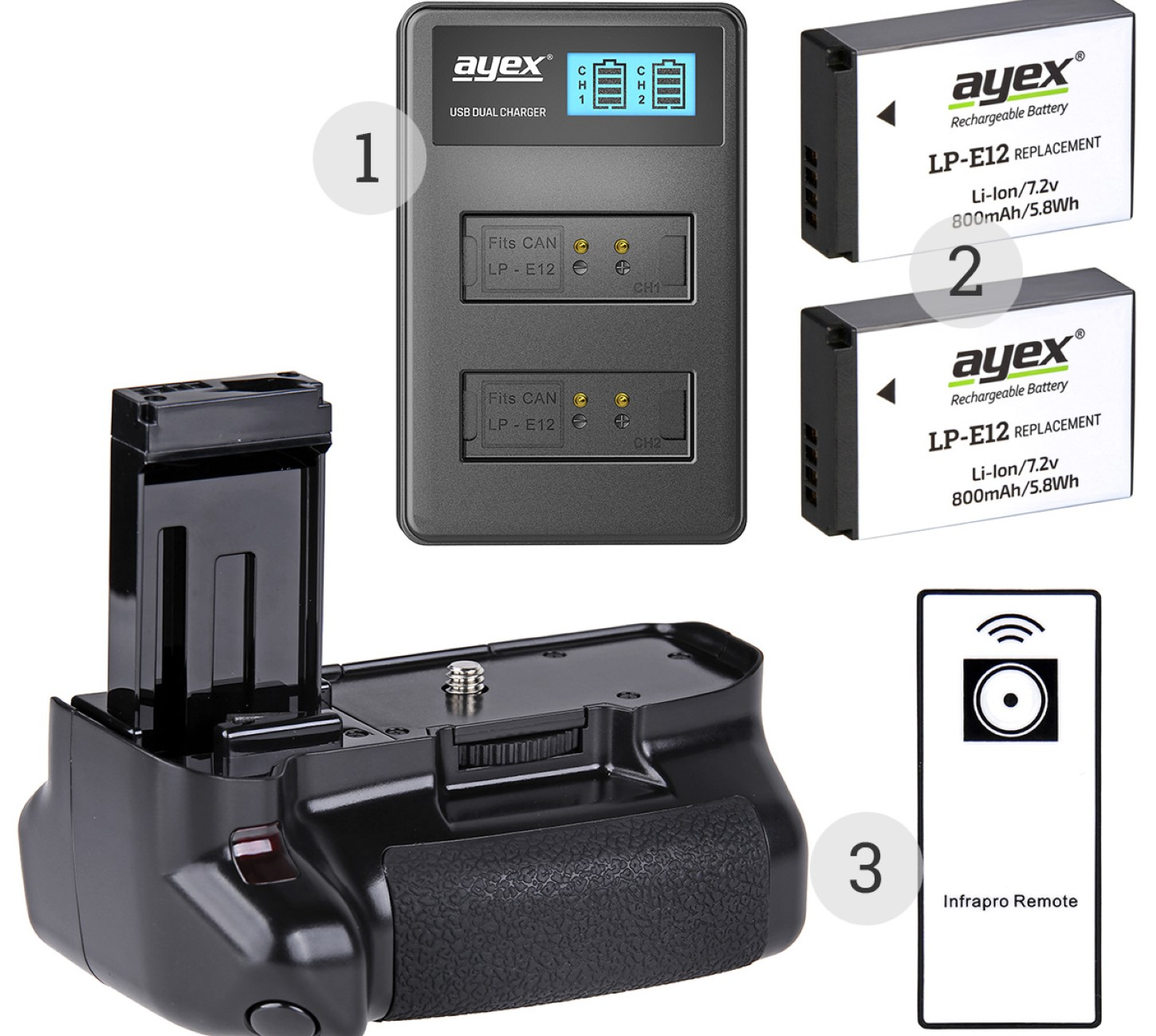 AYEX Batteriegriff 1x für Ladegerät, Dual USB 2x + Canon IR-Fernauslöser + LP-E12 + EOS Akku Batteriegriff-Set, Black Set 100D