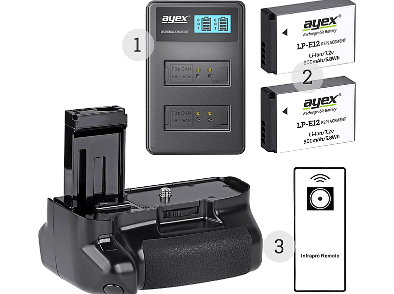 AYEX Batteriegriff Set Dual Batteriegriff-Set, Canon Black + USB 1x für LP-E12 EOS 100D + IR-Fernauslöser 2x Ladegerät, Akku 
